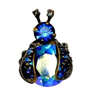 Vintage WARNER Signed Beetle Brooch Insect Blue Rhinestone